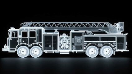 消防車・ハシゴ車のレントゲン写真、モノクロ