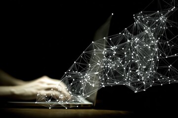 Hands typing on laptop with digital network graphic