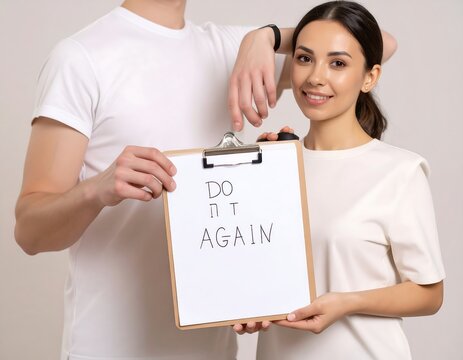 Couple holds clipboard with motivational message