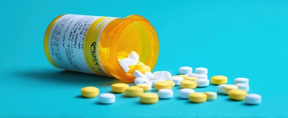 The prescription pill bottle spilling white and yellow tablets on turquoise background