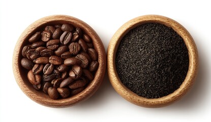 Fototapeta premium Roasted coffee beans and black tea leaves in wooden bowls