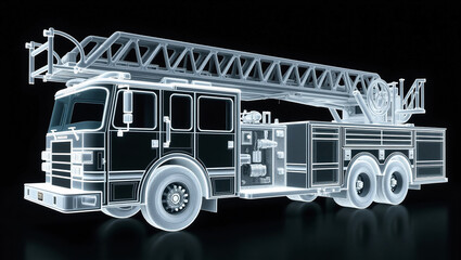 消防車・ハシゴ車のレントゲン写真、モノクロ