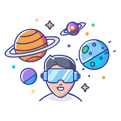 Cartoon of a man wearing VR glasses with planets and stars in the background