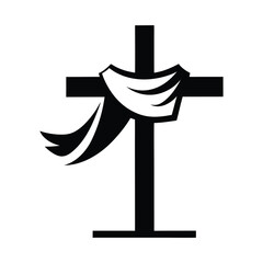 A stark black silhouette of a christian cross adorned with a draped white cloth symbolizing sacrifice and resurrection on a clean white background