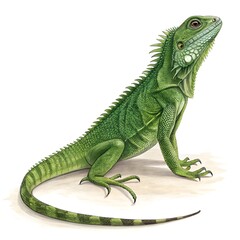 A closeup macro of a wild green iguana, a tropical reptile, with a dragon-like eye