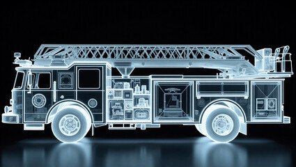 消防車・ハシゴ車のレントゲン写真、モノクロ