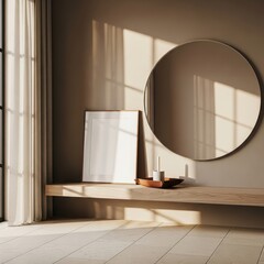 Mockup poster frame with minimalist interior design and floating wood shelf with round mirror and blank canvas in serene, naturally lit space
