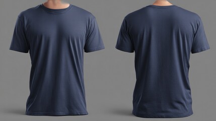 Front and back view of a navy blue t-shirt on a mannequin