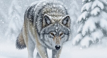 Fototapeta premium A grey and tan wolf dusted with snow walks through a wintry forest with falling snow its intense yellow eyes looking forward