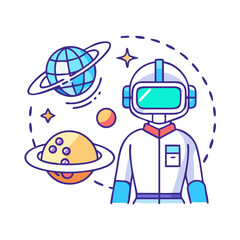 Vector illustration of astronaut with planets and stars on a black background depicting space travel.