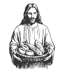 Illustration of Jesus with five loaves and two fish, symbol of the miracle of feeding the five thousand