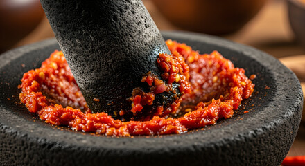 Spicy Red Paste Crushed in Black Mortar and Pestle Bowl