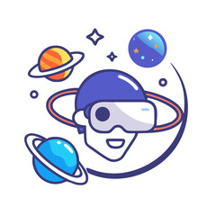 Person in VR headset surrounded by planets in space themed conceptual illustration