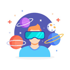 Flat Vector Illustration of a Person Experiencing Virtual Reality Space Exploration