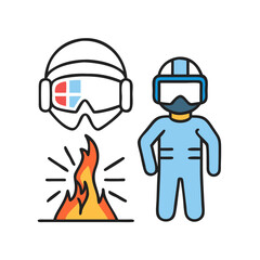 Cartoon depiction of safety gear and a fire for safety-related messaging