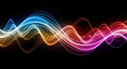Abstract digital image showing undulating bands of light in vibrant colors, ranging from blue to orange to pink to red, on a black backdrop