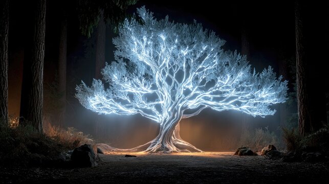 Illuminated tree in dark forest