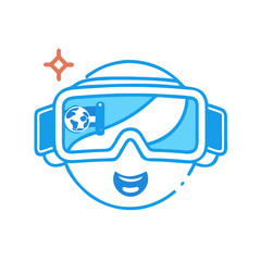 Stylized virtual reality headset icon with happy face on black background for modern applications