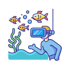 Diver exploring colorful fish in aquatic environment with scuba mask and bubbles