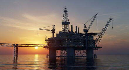 Obraz premium Atmospheric Industrial Offshore Oil Rig Silhouette at Sunset, Sea Exploration Platform