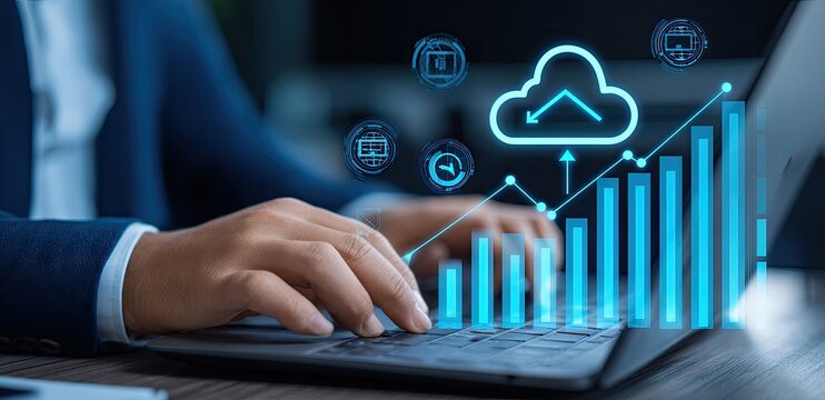 Businessperson working on laptop with cloud computing and growth graphic overlay - Powered by Adobe