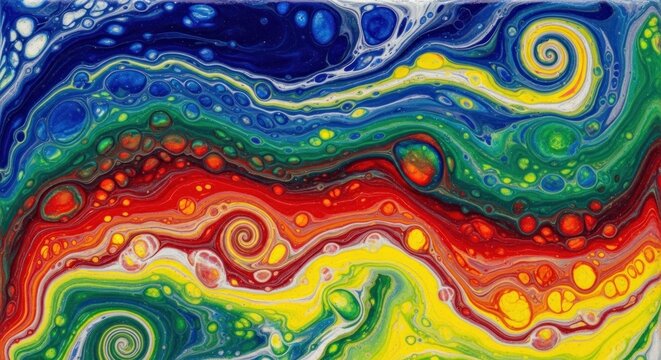 A vibrant, fluid artwork showcases swirled colors of the rainbow. Bubbles and spirals dance across the canvas in a dynamic, abstract composition