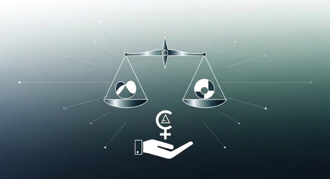 A silver balanced scale shows two abstract objects, a heart and a circle, balanced. A hand holds the female gender symbol below