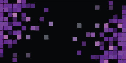Abstract graphic design with scattered purple squares on a black background.
