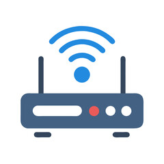Stylized router icon illustration featuring blue wireless signal on a black background