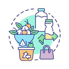 Illustrated circular recycling and sustainable consumption diagram with eco-friendly products