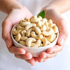 Cashews in a white bowl held by hands