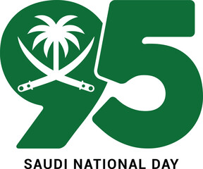 Saudi National Day 95 Vector Design with Palm Tree and Crossed Swords Emblem, 23 September Celebration