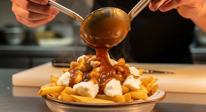 Traditional poutine food preparation with fries gravy and curds