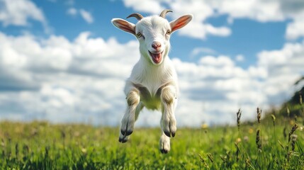 Obraz premium Playful goat jumping in field