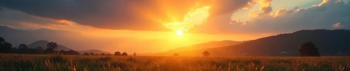 Obraz premium Golden hour sunlight streams through gaps in clouds, illuminating a landscape with a warm, ethereal glow Perfect for nature, travel, and serenity themes , majestic, beams