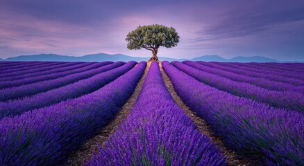 Fototapeta premium Rows of purple lavender stretch towards a solitary tree under a pastel sunset sky, with distant mountains. Serene, tranquil, and picturesque landscape