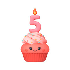 Cute 3D Cupcake with Candle for 5th Birthday