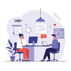 A flat 2D vector illustration shows a friendly customer service representative wearing a headset, assisting a person at a modern, minimalist help desk in a clean office environment.