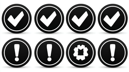 Grid of circular checkmark and warning icons, in black and white, representing status, information, and settings.