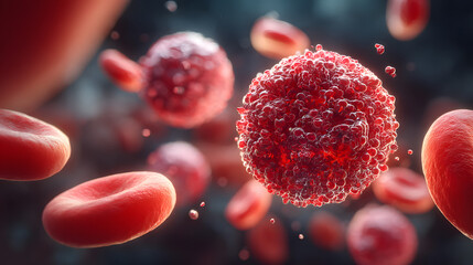 Medical illustration of re blood cells in the bloodsream with iron molecules