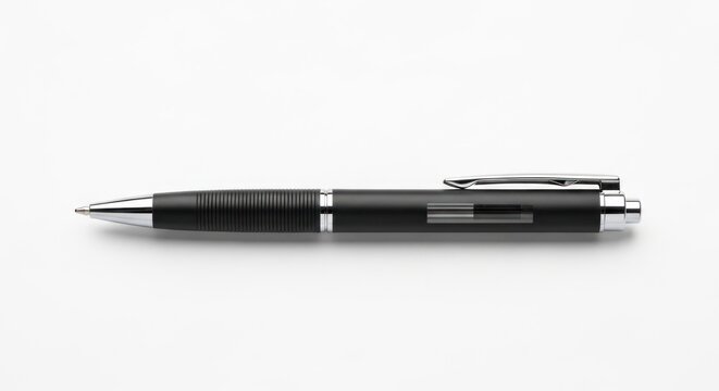 A black and silver writing instrument with a sleek, minimalist design, clipped and laying on a white surface. The nib is pointed