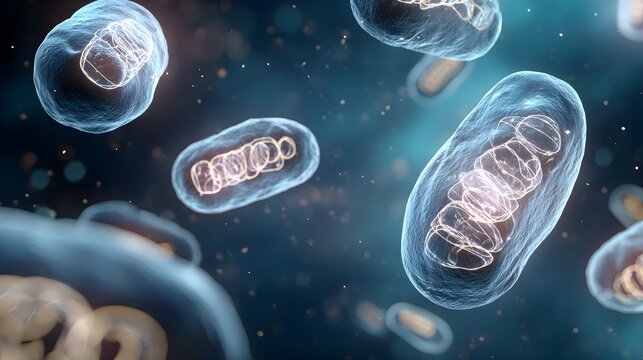 Microscopic dreamlike view inside a cell, with mitochondria as tiny glowing power plants recharging at night.