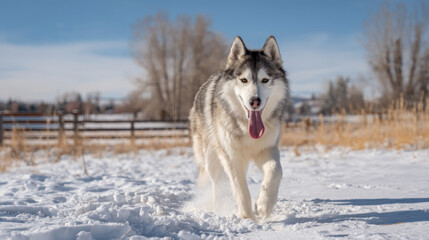 Naklejka premium Happy husky dog running in the snow. A beautiful husky dog runs toward the camera through a snowy field with its tongue out on a bright, sunny day.