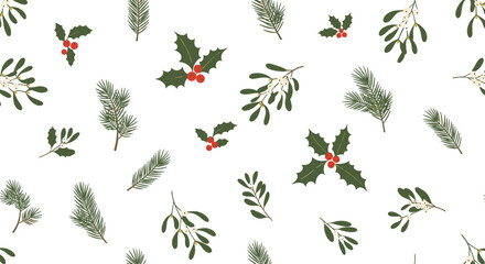 Festive winter botanical collection with holly mistletoe and pine branches ideal for holiday season decorations and craft projects