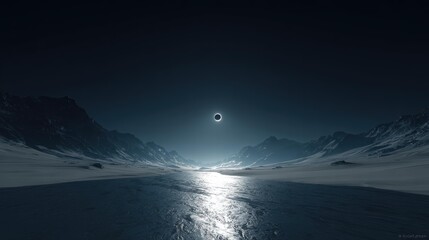 Fototapeta premium Solar Eclipse Dark Sun Casting Light Snowy Mountain Valley Reflective Water Dark Sky