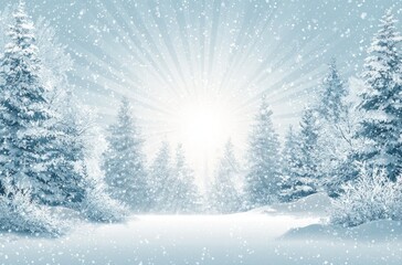Winter wonderland scene snow-covered trees and a burst of light evoking a serene, cold, and festive atmosphere