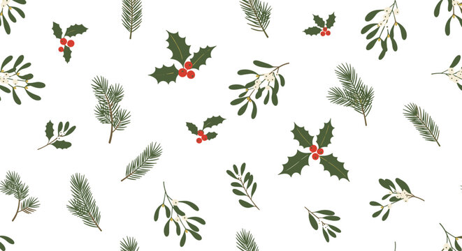 Festive winter botanical collection with holly mistletoe and pine branches ideal for holiday season decorations and craft projects