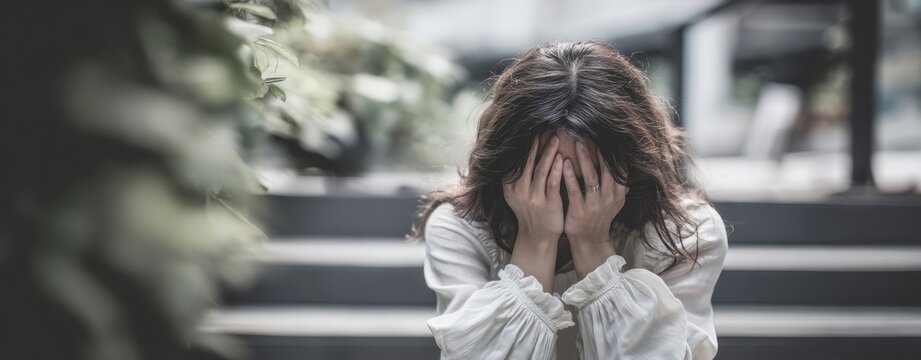 The Woman Covering Her Face on Outdoor Steps in Visible Distress