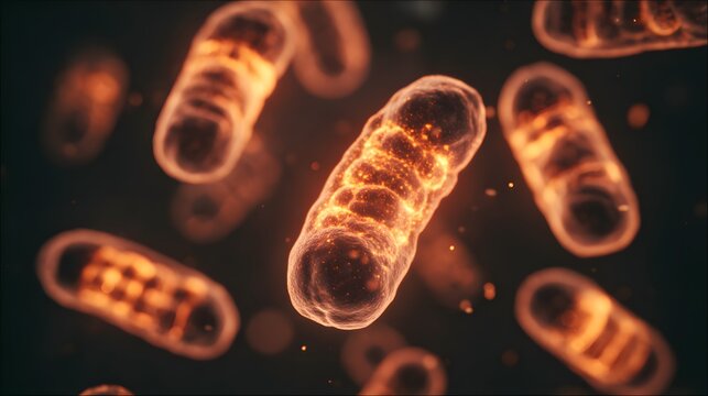 Microscopic dreamlike view inside a cell, with mitochondria as tiny glowing power plants recharging at night.