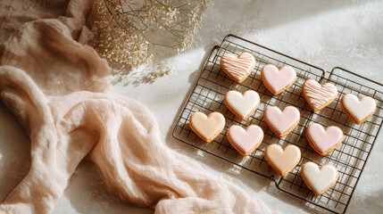 Cozy heart-shaped cookies, perfect for proposals expressing love warm, inviting image featuring heart-shaped cookies on cooling rack, ideal for expressing love, friendship, or sending warm greetings